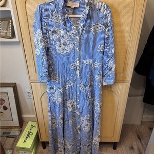 Philosophy Blue and White Striped Floral Button-Front Maxi Dress